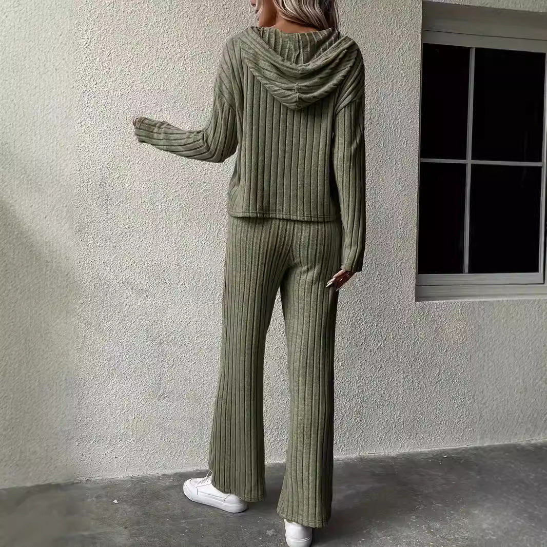 Women's Casual Knit Set with Soft Hoodie and Wide-Leg Pants