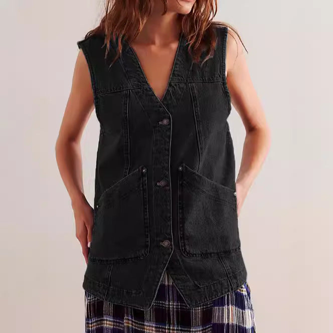 Women's Casual Denim Vest with Pockets
