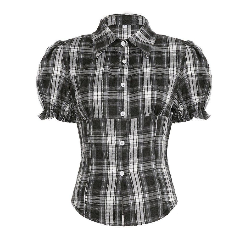 Women's Plaid Shirt with Puff Sleeves and Button Detail