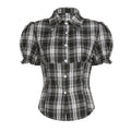 Women's Plaid Shirt with Puff Sleeves and Button Detail