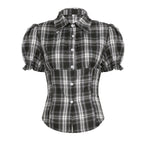 Women's Plaid Shirt with Puff Sleeves and Button Detail