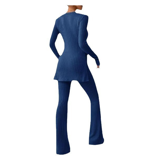 Women's Fine Ribbed Lounge Set with Long Sleeves and Flared Legs