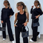Women's Casual Relaxed-Fit Lounge Set with Wide Cut and Ribbed Design
