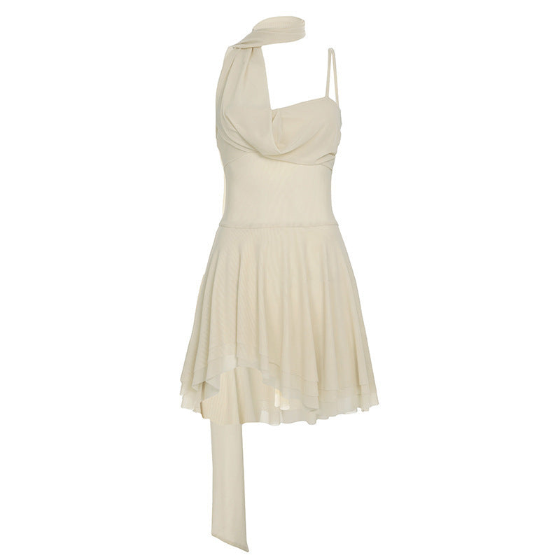 Elegant Asymmetrical Mini Dress with Decorative Shoulder Strap and Flowing Hem