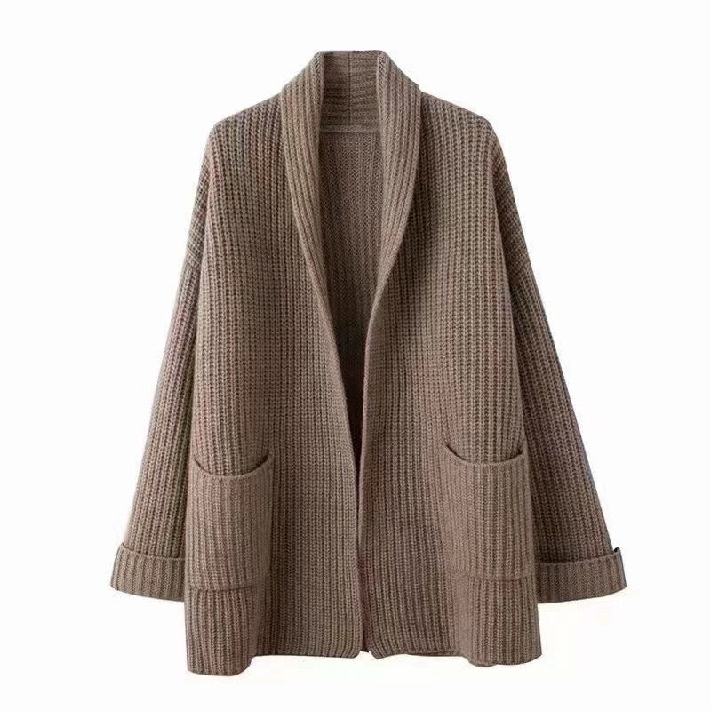 Women's Chunky Knit Cardigan with Elegant Lapels and Waist Belt