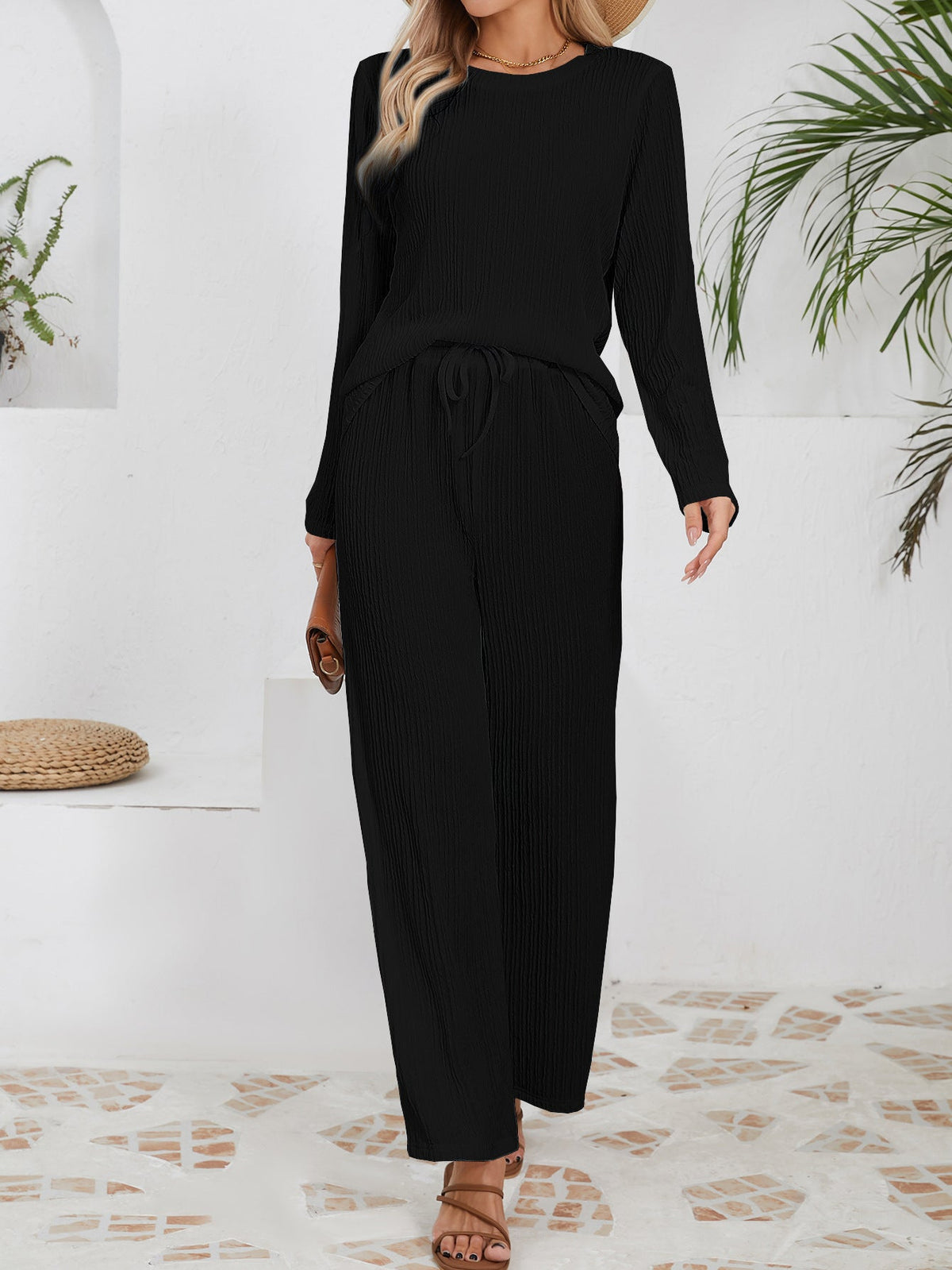 Women's Casual Ribbed Lounge Set with Elastic Waist