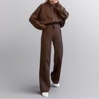Women's Cozy Leisure Set with Zipper and Wide-Leg Pants