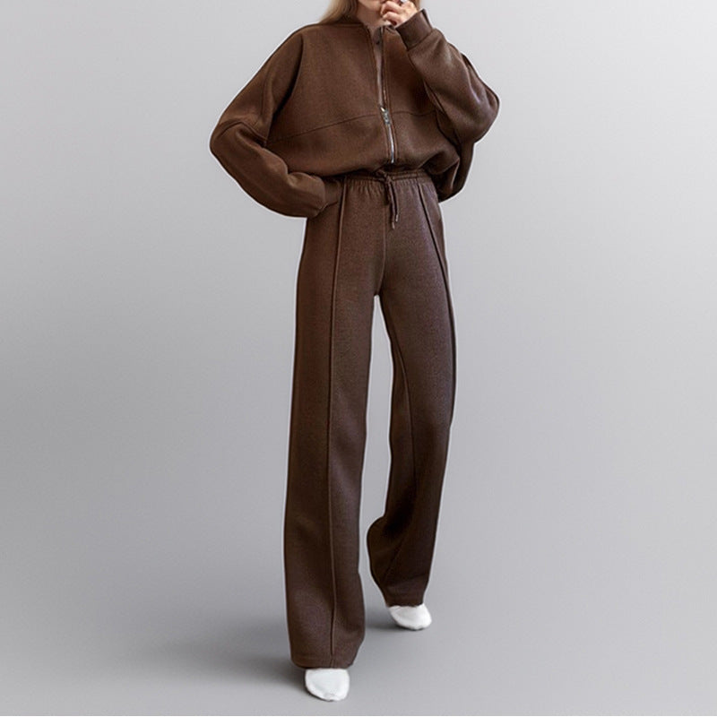 Women's Cozy Leisure Set with Zipper and Wide-Leg Pants