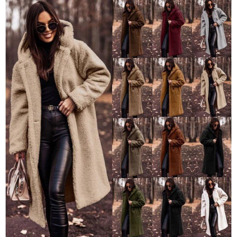 Women's Fluffy Teddy Coat with Hood and Button Detail
