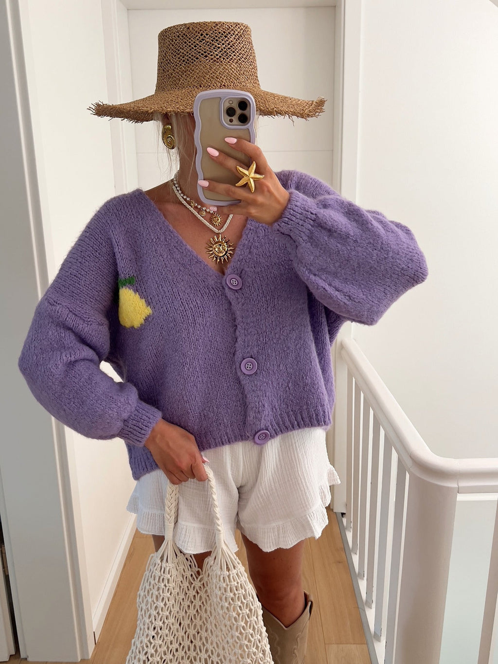 Women's Chunky Knit Cardigan with Cheerful Motif
