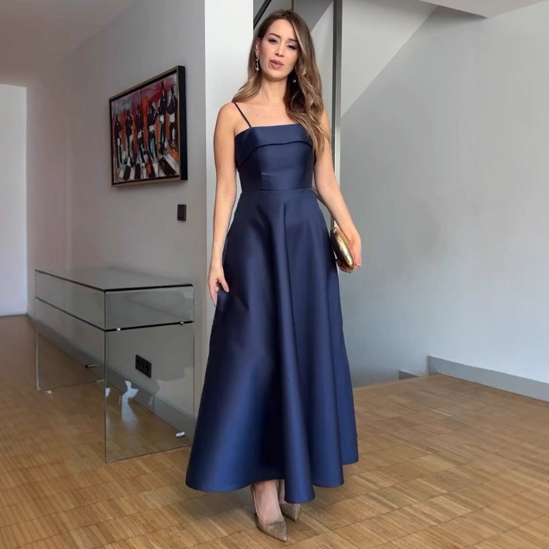 Women's Evening Dress with Fine Spaghetti Straps and Flowing Skirt