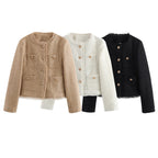 Women's Elegant Tweed Jacket with Fringe and Pockets