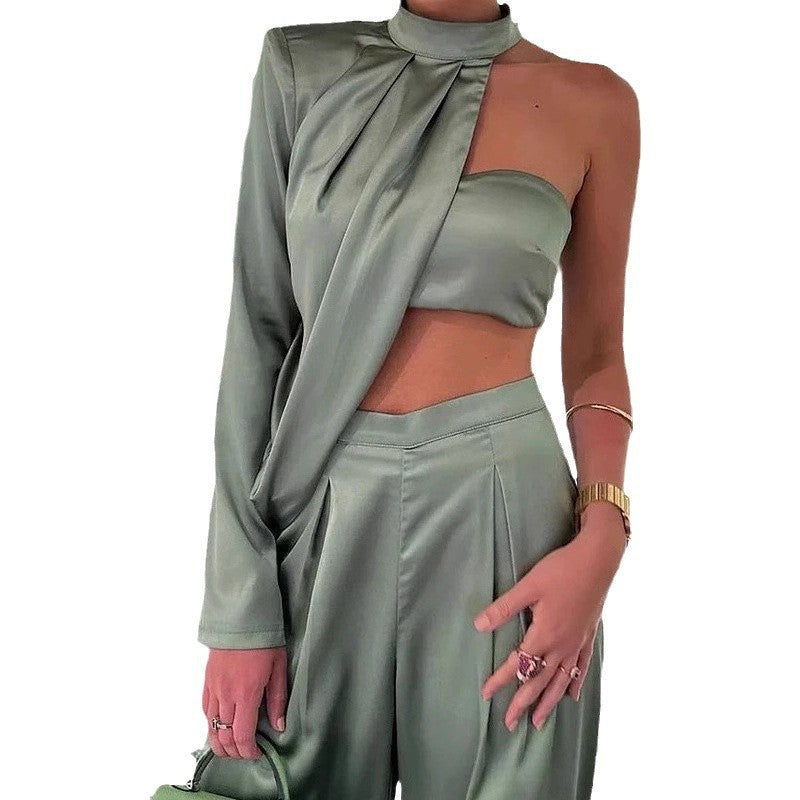 Women's Elegant Two-Piece Set with Asymmetric Top and Wide-Leg Pants