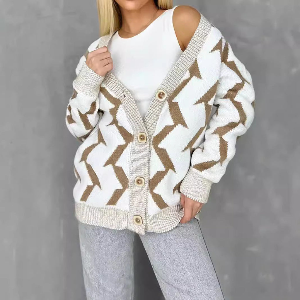 Women's Cozy Knit Cardigan with Modern Lightning Design and Button Closure