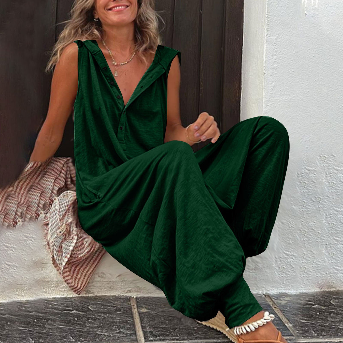 Women's Casual Jumpsuit with Hood and Button Details