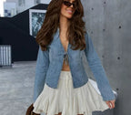 Women's Denim Jacket with Tailored Silhouette and Lace-Up Details