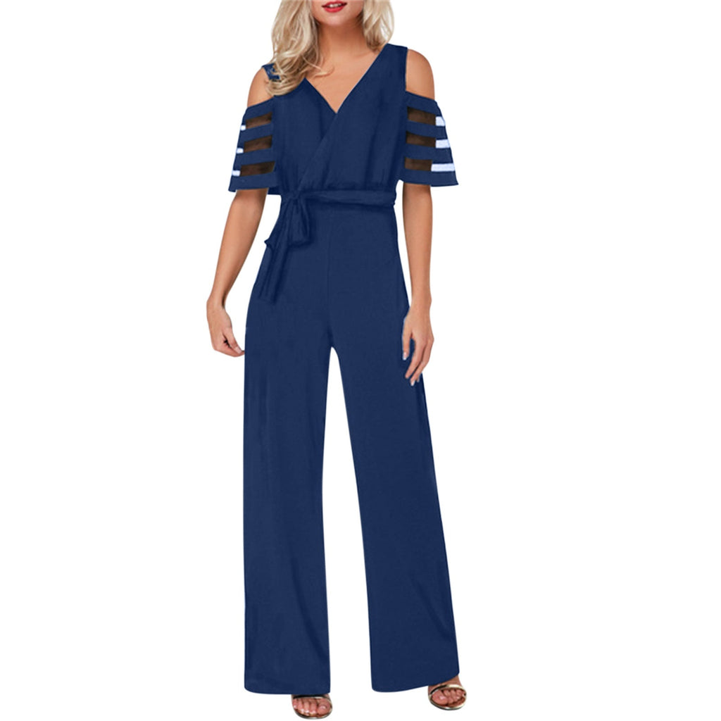 Elegant Jumpsuit with Sheer Sleeve Details and Waist Belt