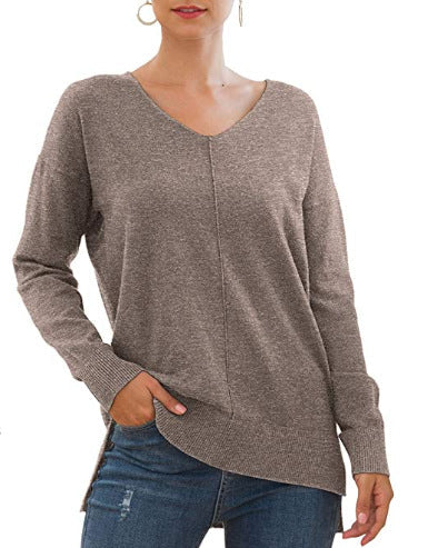 Elegant V-Neck Sweater with Asymmetrical Hem