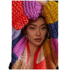 Women's Chunky Knit Cardigan with Colorful Patchwork Design