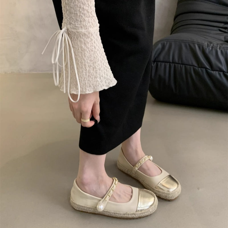 Women's Ballet Flats with Decorative Chain Strap and Pearl Accent