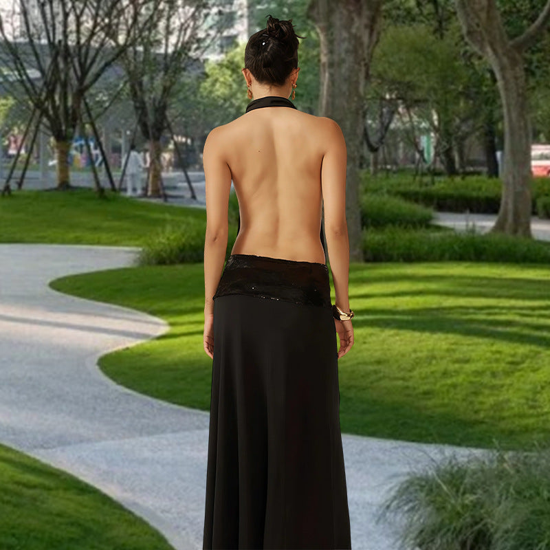 Women's Evening Dress with Cowl Neck and Glitter Waist