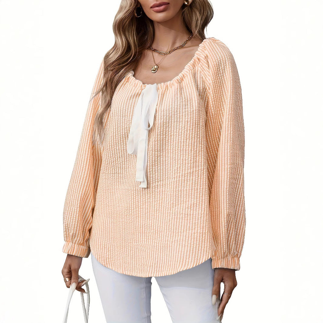 Women's Blouse with Flattering Round Neckline and Elegant Ruffle Details