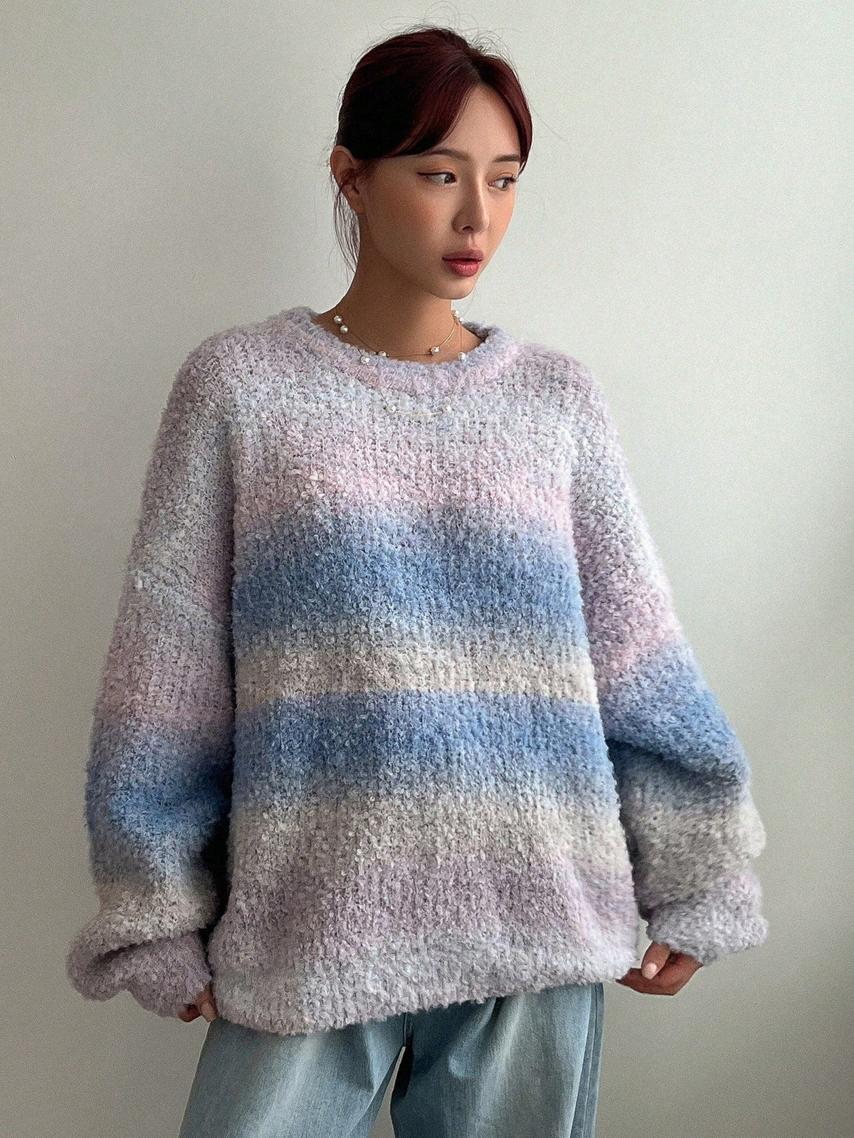 Women's Fluffy Sweater with Textured Gradient and Loose Fit