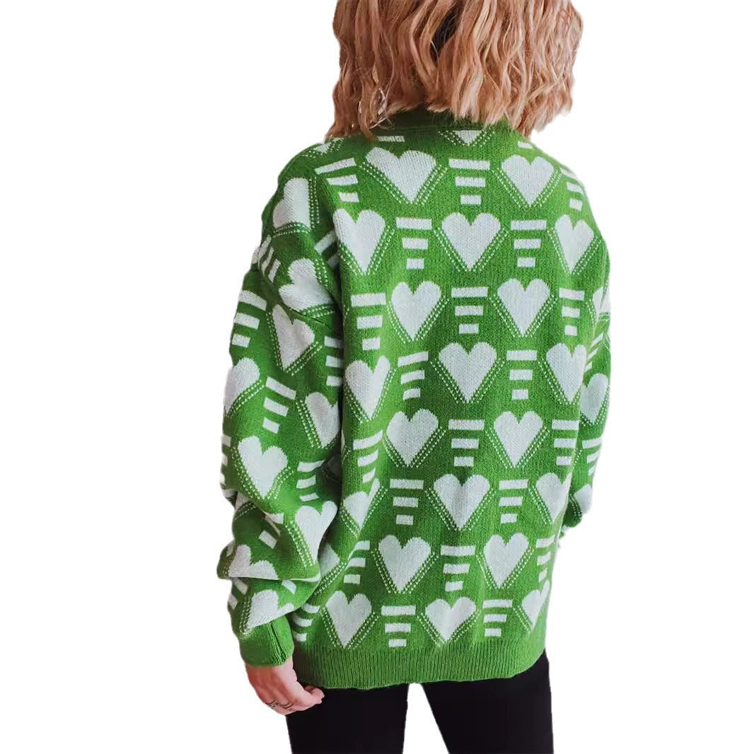 Women's Knit Sweater in Modern Heart Design with Wide Cut