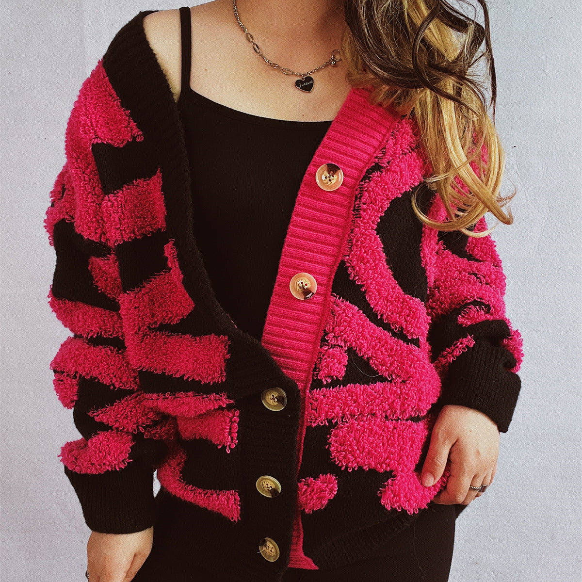 Women's Chunky Knit Cardigan with Pattern Mix and Elegant Button Details