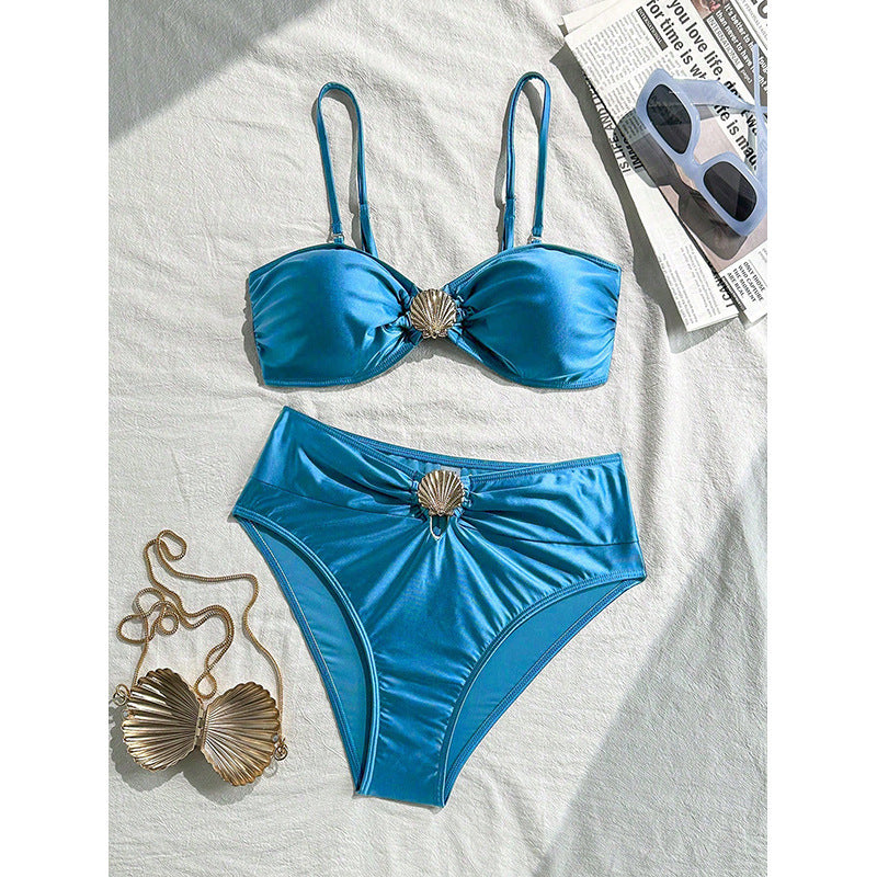 Women's Bandeau Bikini with Elegant Shell Detail and High-Leg Cut