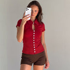Women's Tasteful Short-Sleeve Shirt with Keyhole Neckline and Button Details