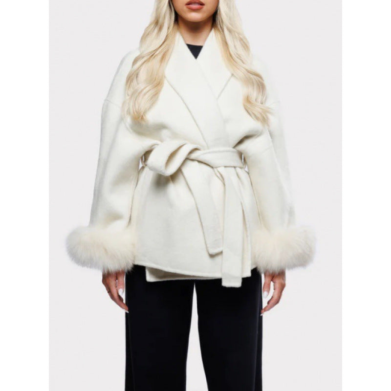 Women's Elegant Hooded Jacket with Faux Fur Trim