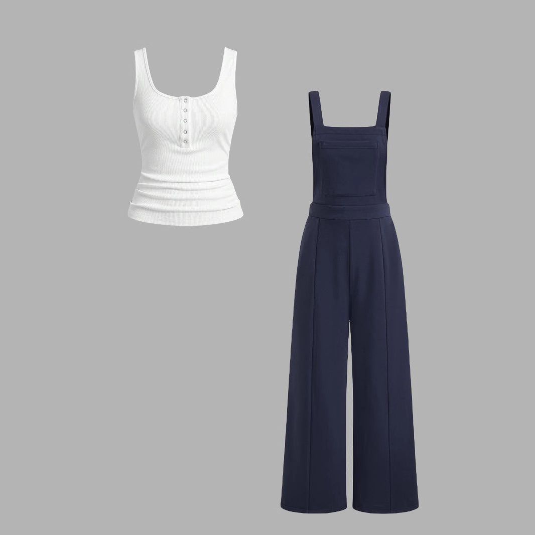 Women's Casual Tank Top and Wide-Leg Overalls Set