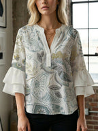 Women's Blouse with Voluminous Ruffle Sleeves and Floral Design
