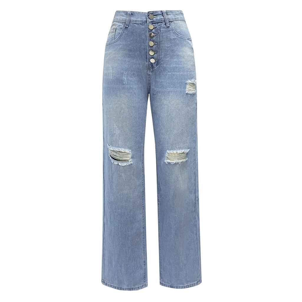 Women's Boyfriend Jeans with Button Fly and Distressed Details