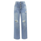 Women's Boyfriend Jeans with Button Fly and Distressed Details