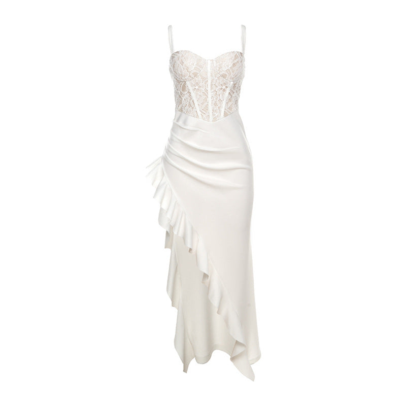 Women's Wedding Dress with Lace Bodice and Asymmetrical Ruffles