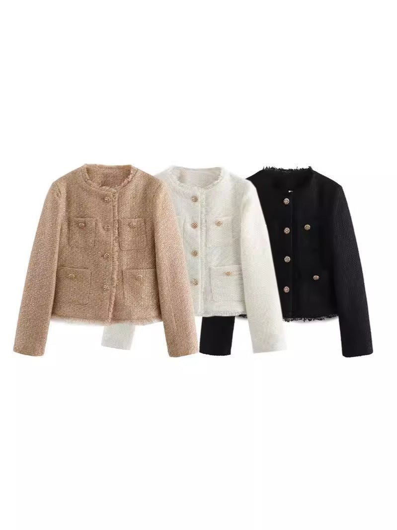 Elegant Tweed Jacket with Fringes and Decorative Buttons