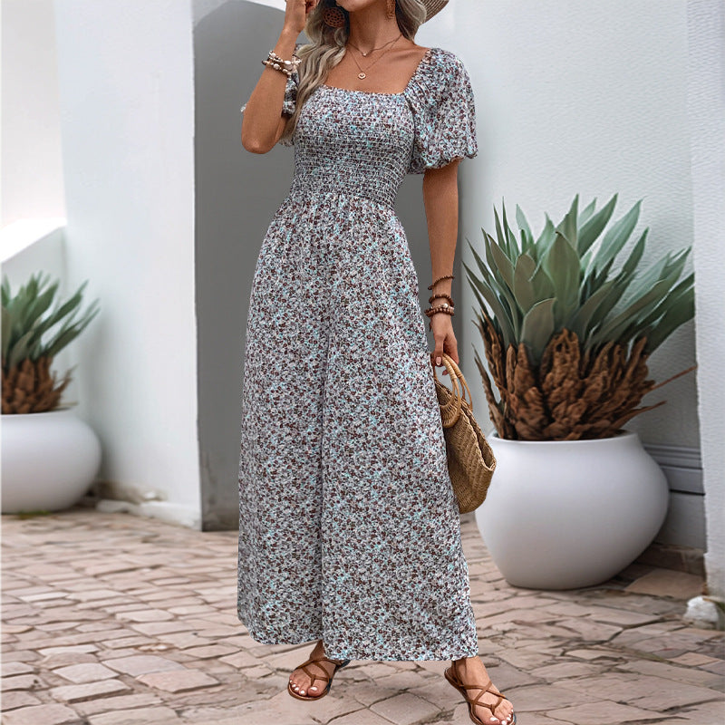 Women's Colorful Floral Summer Jumpsuit with Puff Sleeves
