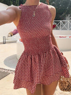 Women's Sleeveless Mini Dress with Plaid Pattern and Elastic Waist