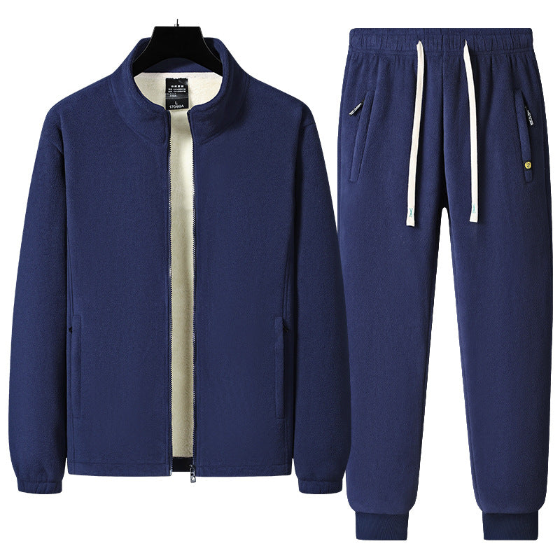 Men's three-piece fleece set with padded vest, stand-up collar jacket, and joggers