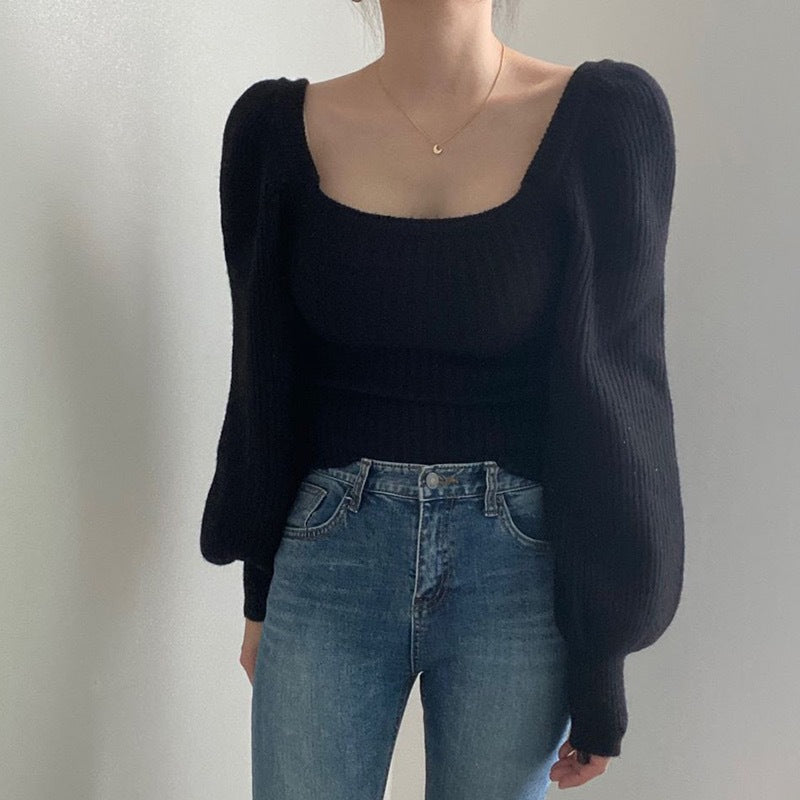 Women's Fine Knit Sweater with Square Neck and Wide Sleeves