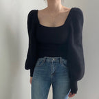 Women's Fine Knit Sweater with Square Neck and Wide Sleeves