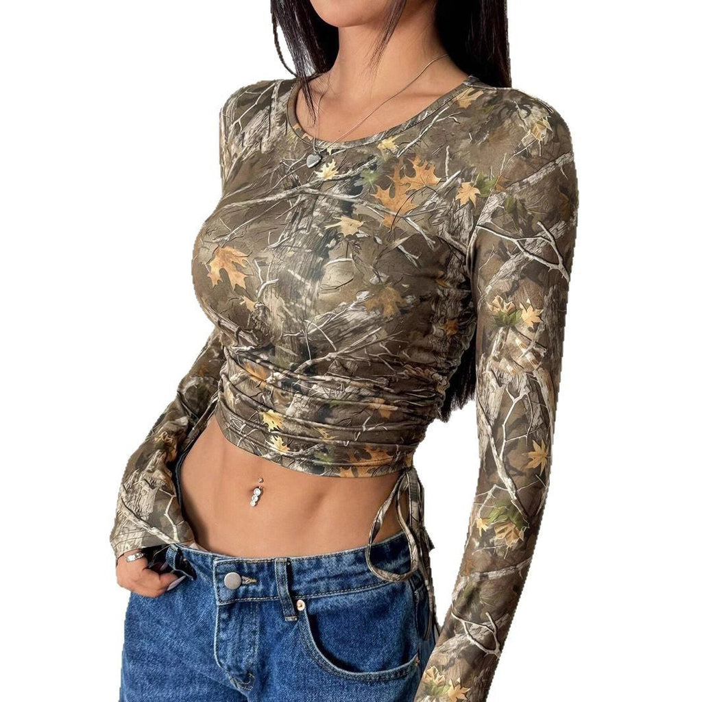 Women's Form-Fitting Long Sleeve Shirt with Ruching and Camouflage Design