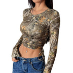 Women's Form-Fitting Long Sleeve Shirt with Ruching and Camouflage Design
