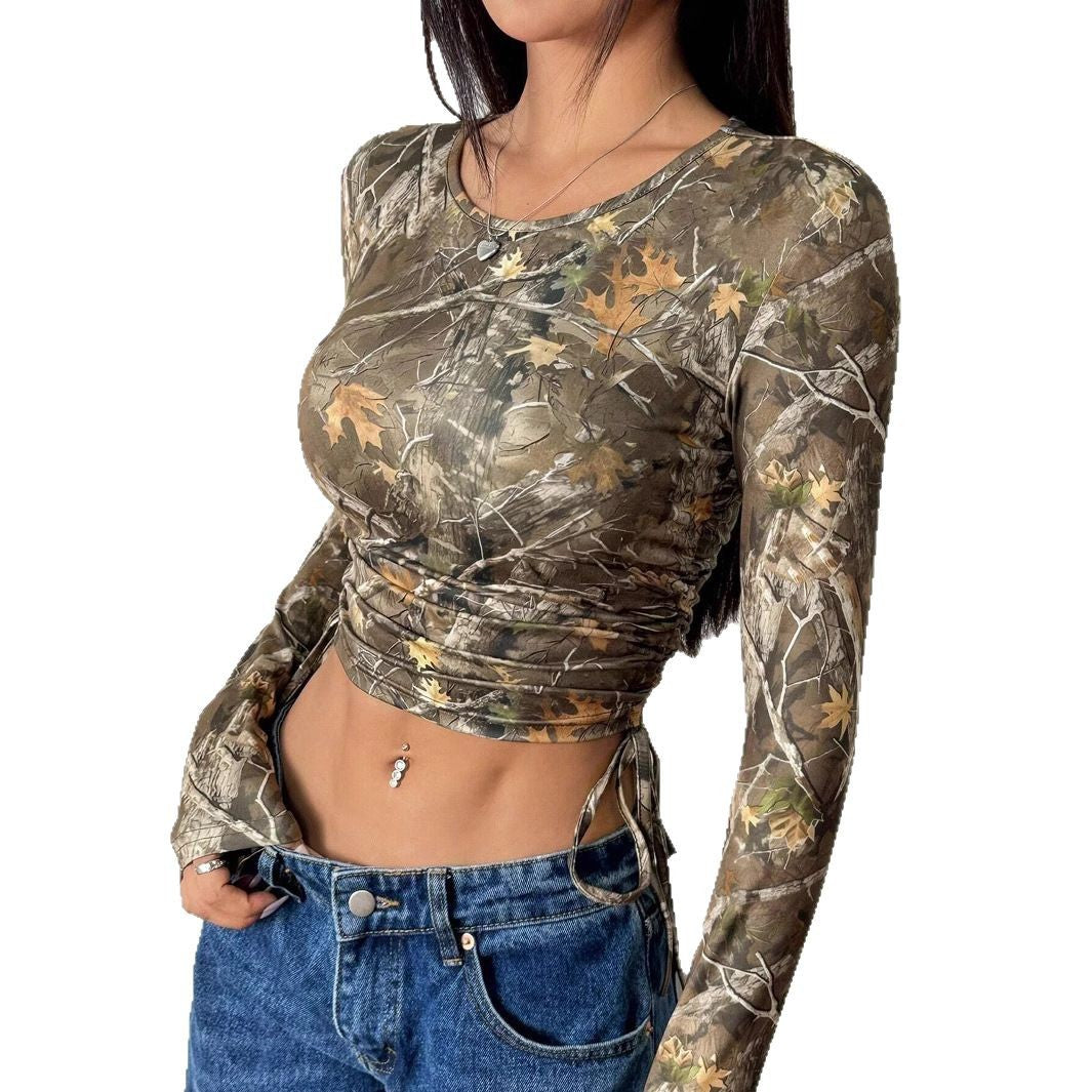 Women's Form-Fitting Long Sleeve Shirt with Ruching and Camouflage Design
