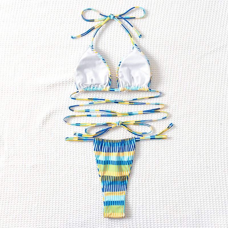 Women's Bandeau Bikini with Fashionable Stripes and Adjustable Strap System
