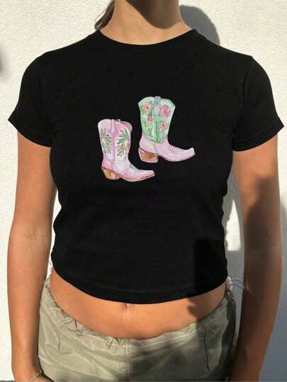 Women's Crop T-Shirt with Creative Lip Print