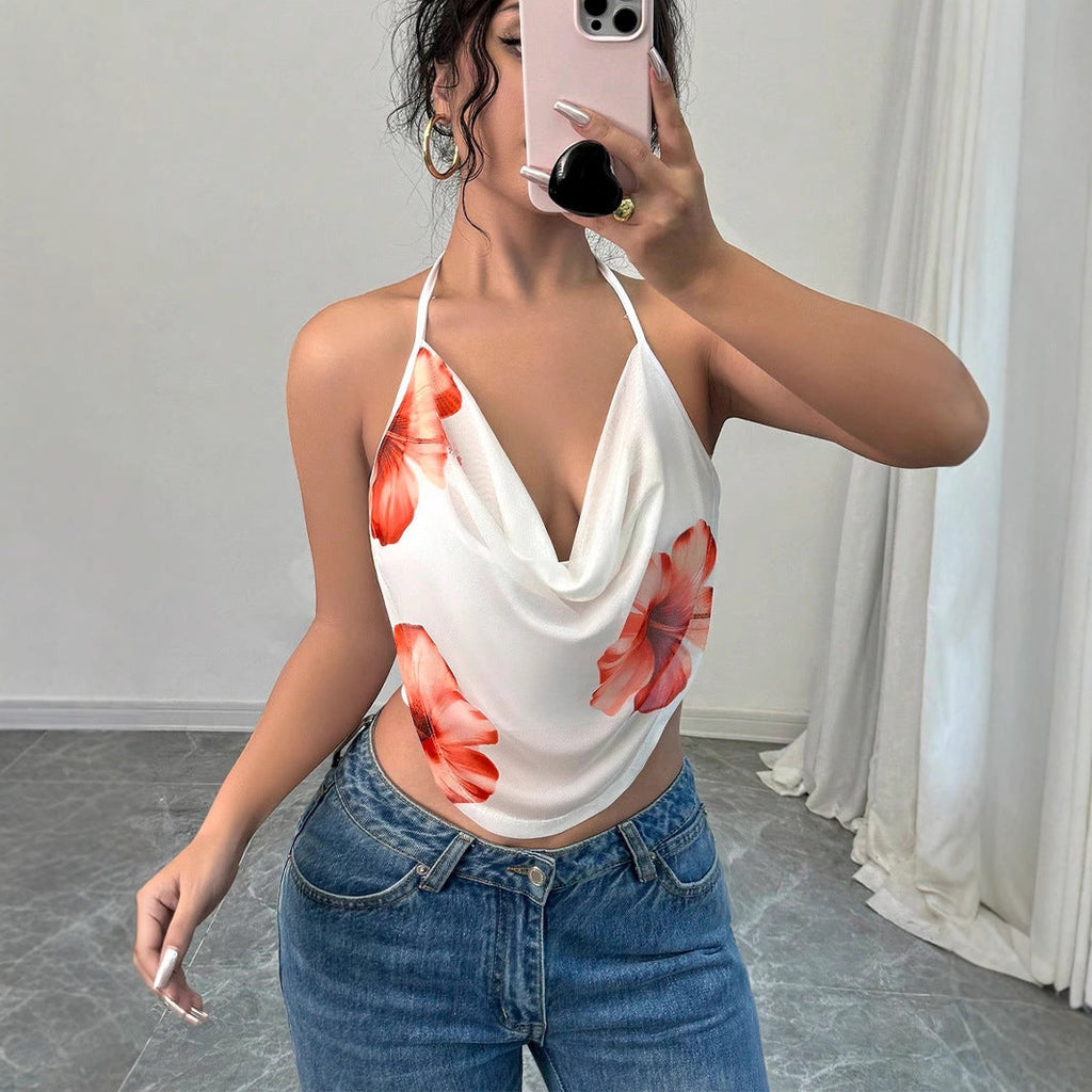 Women's Blouse Top with Deep V-Neck and Floral Design