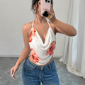 Women's Blouse Top with Deep V-Neck and Floral Design